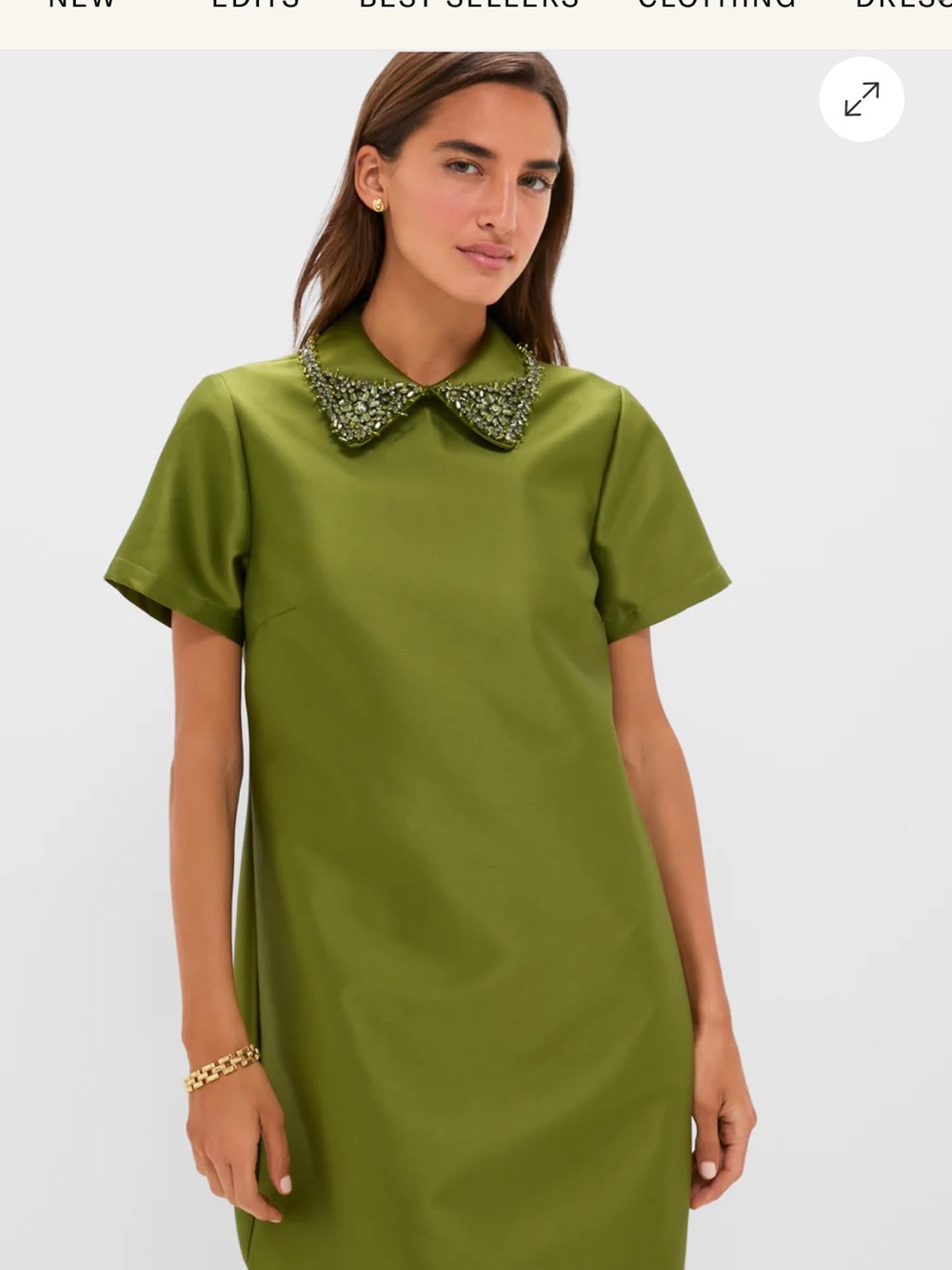 Tuckernuck Olive Green Short-Sleeve Dress with Jeweled Peter Pan Collar